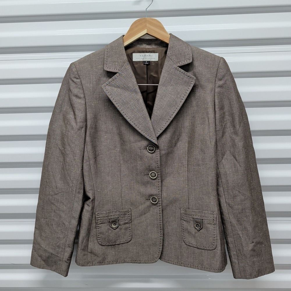 Tahari Arthur S Levine Blazer Size 8 Womens Brown Textured 3-Button Jacket Lined — photo 2